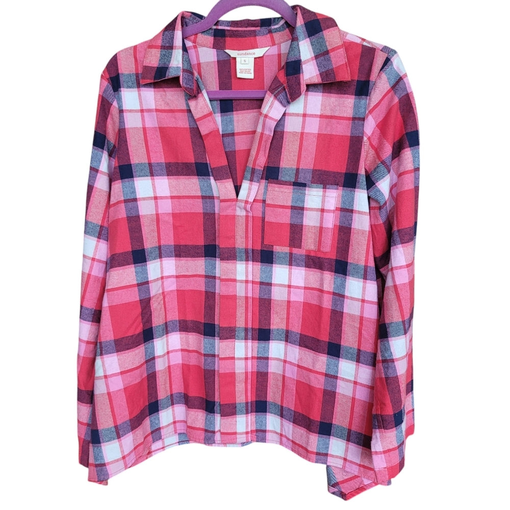 Sundance Catalog Women's Small Flannel Shirt 100% Cotton Red Pink plaid